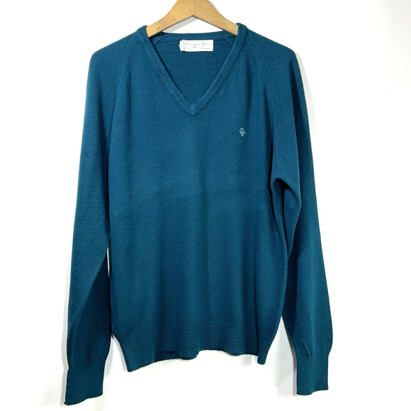 Vintage Christian Dior Sweater Orlon Acrylic V Neck Blue USA Made Mens L - Picture 1 of 8